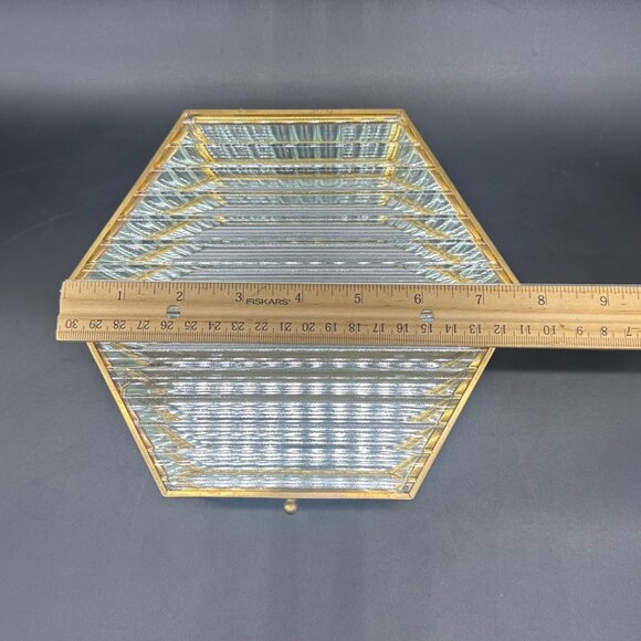 Vintage Jewelry Box Hexagon Ribbed Clear Glass Brass Hinged Top Mirrored Inside - Picture 10 of 11